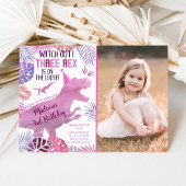 Roze Paarse Drie Rex Meisje Dinosaurus Verjaardag Kaart