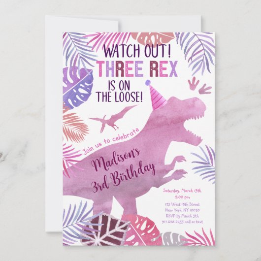 Roze Paarse Drie Rex Meisje Dinosaurus Verjaardag Kaart (Voorkant)
