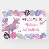 Roze Paarse Drie Rex Meisje Dinosaurus Verjaardag Spandoek (Horizontaal)