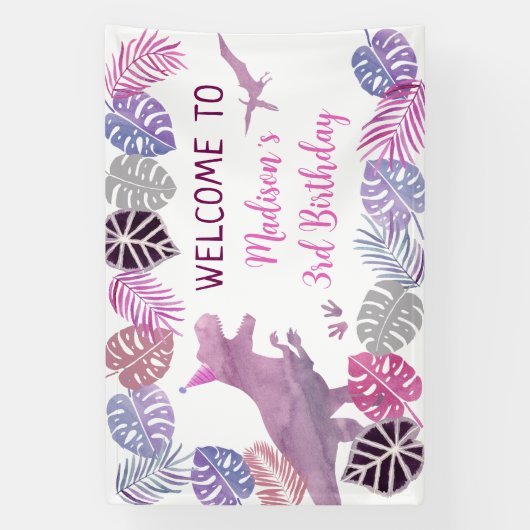 Roze Paarse Drie Rex Meisje Dinosaurus Verjaardag Spandoek (Verticaal)