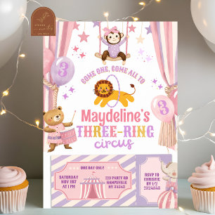 Roze Paarse Drie-ring Circus Meisje Verjaardag Kaart