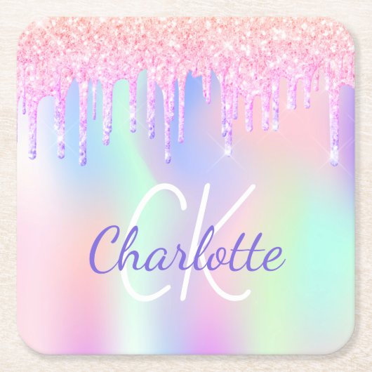 Roze paarse druipende holografische verjaardag kartonnen onderzetters (Voorkant)