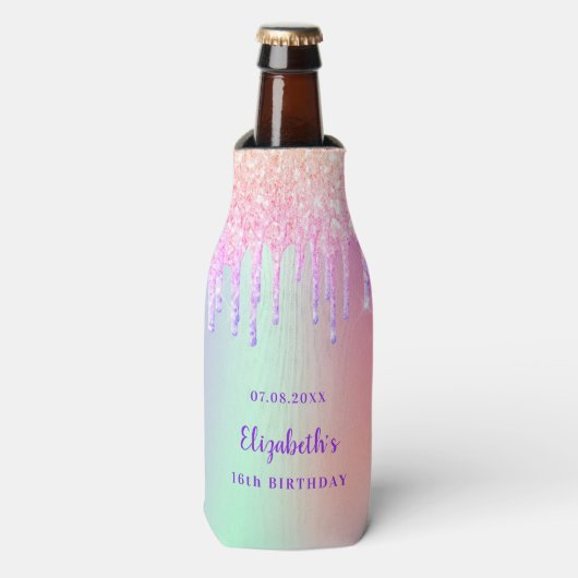 Roze paarse drup holografische verjaardag flesjeskoeler (Fles Voorkant)