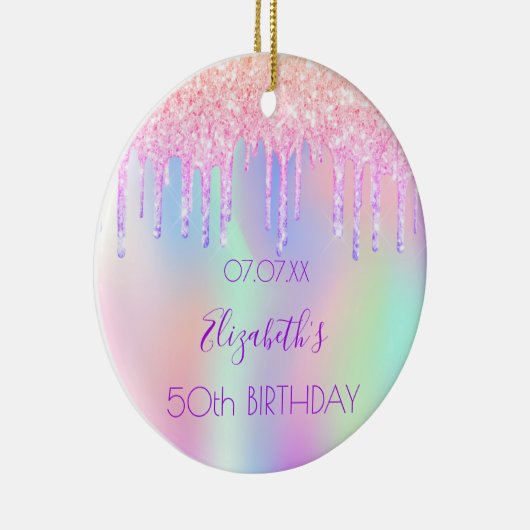 Roze paarse druppels holografisch verjaardagsontwe keramisch ornament (Rechts)