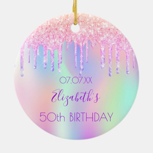 Roze paarse druppels holografisch verjaardagsontwe keramisch ornament (Achterkant)