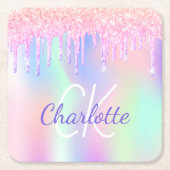 Roze paarse druppels holografische verjaardag kartonnen onderzetters (Voorkant)