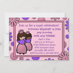 Roze & Paarse Dubbele Prinses Verjaardagsuitnodigi Kaart