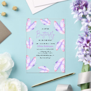 Roze Paarse Een Kleine Vlinder Baby Shower Acryl Uitnodigingen