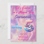 Roze Paarse Eenhoorn 5e Verjaardag Uitnodiging (Voorkant)