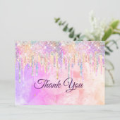 Roze paarse eenhoorn druipt van de glitter bedankkaart (Staand voorkant)