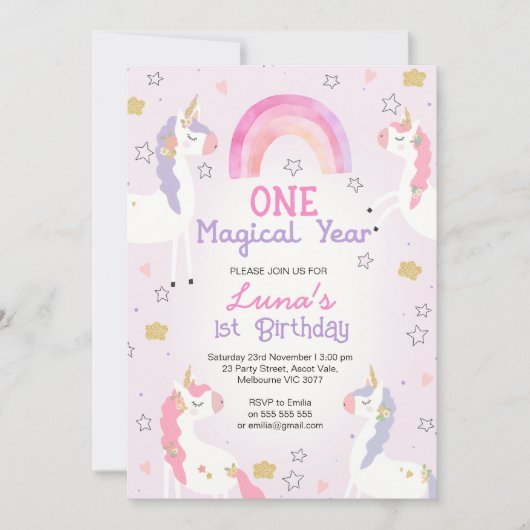 Roze Paarse Eenhoorn Een Magisch Jaar 1e Verjaarda Kaart (Voorkant)