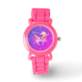 Roze Paarse Eenhoorn Glitter Horloge Naam