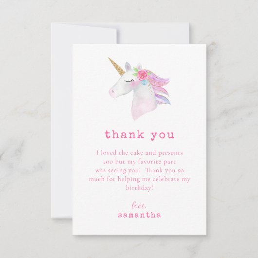 Roze Paarse Eenhoorn Gouden Glitter Verjaardagsfee Bedankkaart (Voorkant)