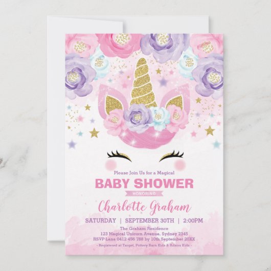 Roze Paarse Eenhoorn Magische Sterren Baby Shower Kaart (Voorkant)