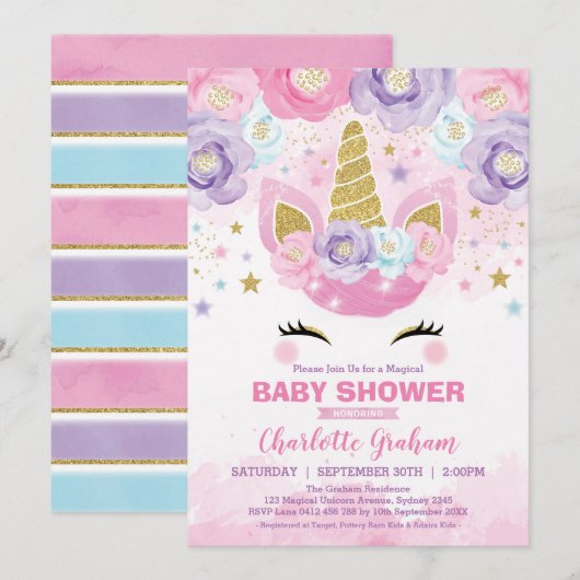 Roze Paarse Eenhoorn Magische Sterren Baby Shower Kaart (Voorkant / Achterkant)