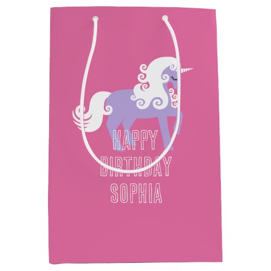 Roze Paarse Eenhoorn Verjaardag Medium Cadeauzakje (Voorkant)