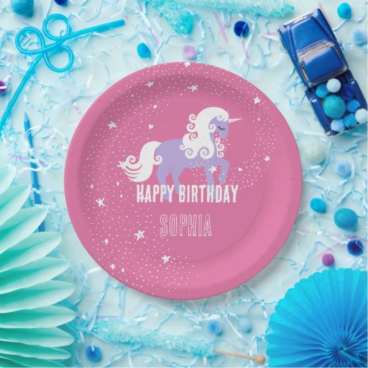 Roze Paarse Eenhoorn Verjaardag Papieren Bordje (Feest)