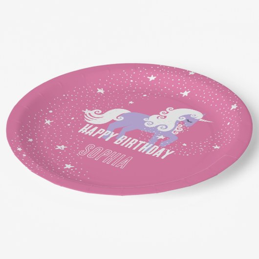 Roze Paarse Eenhoorn Verjaardag Papieren Bordje (Gekanteld)