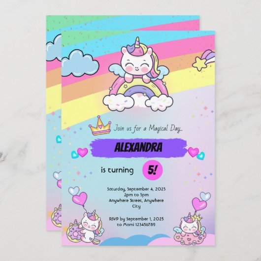 Roze paarse Eenhoorn verjaardagsuitnodiging Kaart (Voorkant / Achterkant)