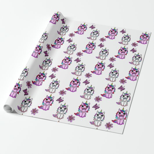 Roze Paarse Eenhoorns Sprookje Cadeaupapier (Uitgerold)