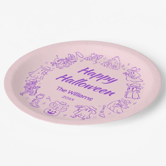 Roze Paarse eigenzinnige hand getekend Happy Hallo Papieren Bordje (Gekanteld)