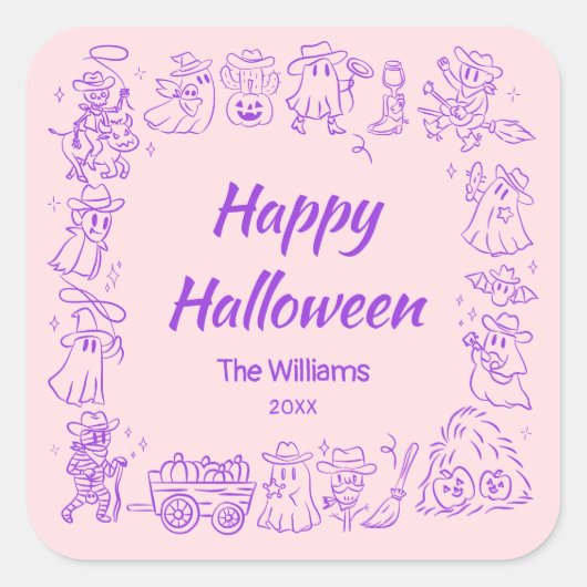 Roze Paarse eigenzinnige hand getrokken Doodles Ha Vierkante Sticker (Voorkant)