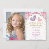 Roze paarse elegante vlinderfoto kaart (Voorkant)