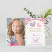 Roze paarse elegante vlinderfoto kaart (Staand voorkant)