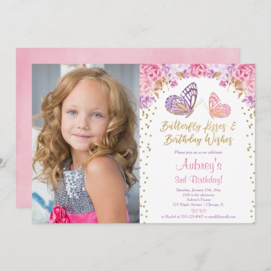 Roze paarse elegante vlinderfoto kaart (Voorkant / Achterkant)