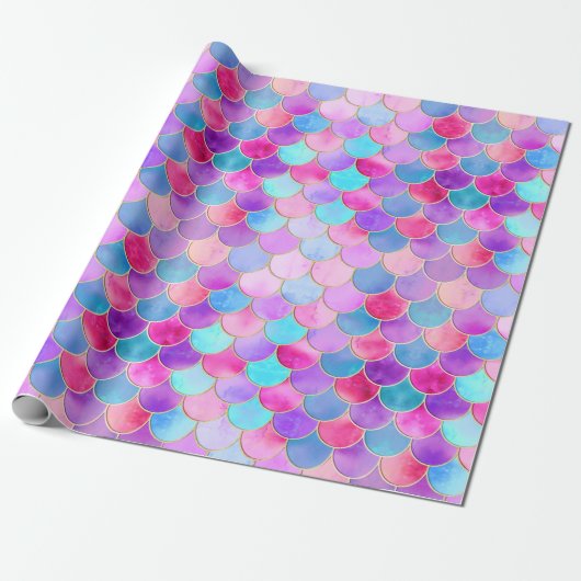 Roze, Paarse en Aqua Mermaid Scale Patroon Cadeaupapier (Uitgerold)