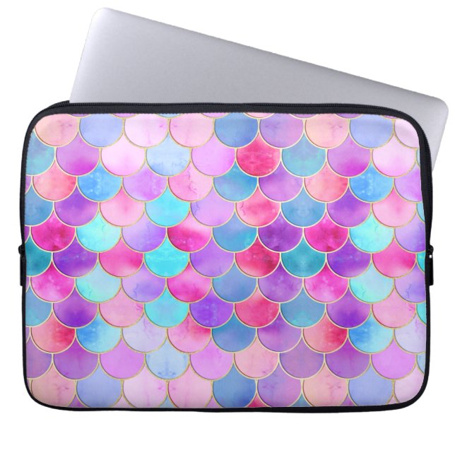 Roze, Paarse en Aqua Mermaid Scale Patroon Laptop Sleeve (Voorkant)