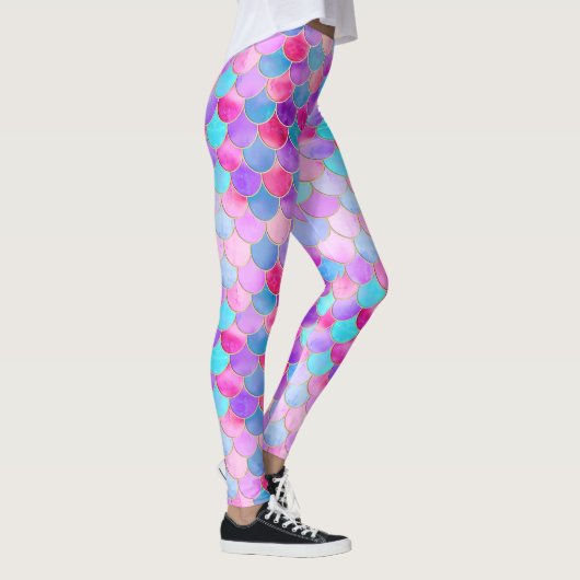 Roze, Paarse en Aqua Mermaid Scale Patroon Leggings (Rechts)