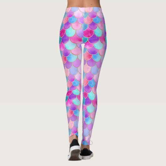 Roze, Paarse en Aqua Mermaid Scale Patroon Leggings (Achterkant)