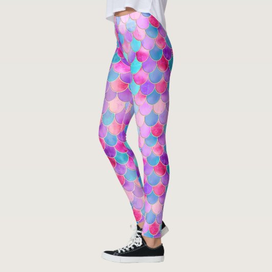 Roze, Paarse en Aqua Mermaid Scale Patroon Leggings (Links)