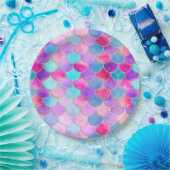 Roze, Paarse en Aqua Mermaid Scale Patroon Papieren Bordje (Feest)