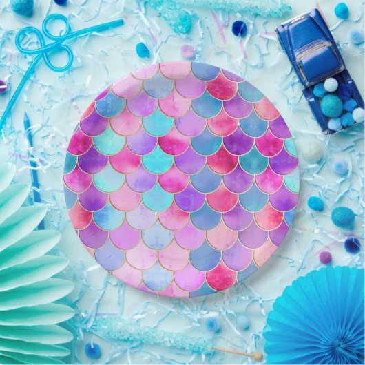 Roze, Paarse en Aqua Mermaid Scale Patroon Papieren Bordje (Feest)