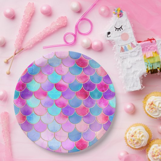 Roze, Paarse en Aqua Mermaid Scale Patroon Papieren Bordje (Feest)