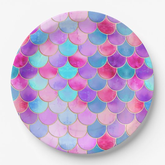 Roze, Paarse en Aqua Mermaid Scale Patroon Papieren Bordje (Voorkant)