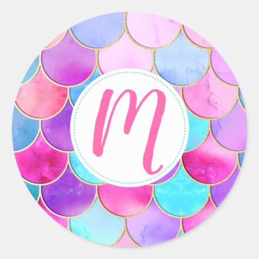Roze, Paarse en Aqua Mermaid Scale Patroon Ronde Sticker (Voorkant)