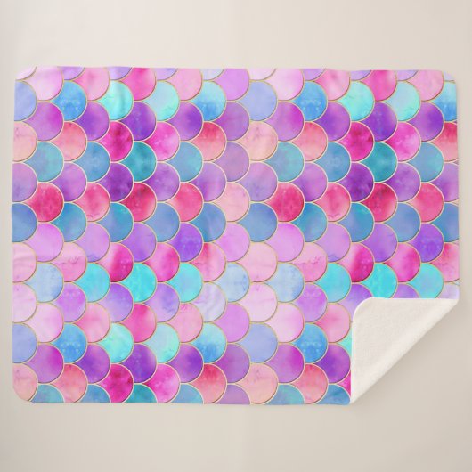 Roze, Paarse en Aqua Mermaid Scale Patroon Sherpa Deken (Voorkant (horizontaal))