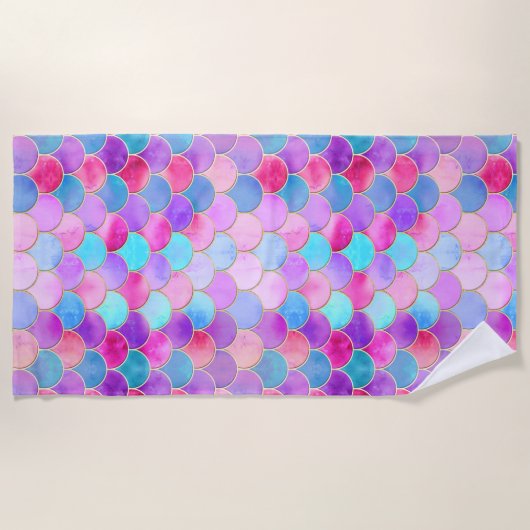 Roze, Paarse en Aqua Mermaid Scale Patroon Strandlaken (Voorkant)
