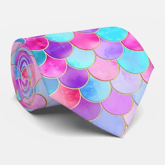 Roze, Paarse en Aqua Mermaid Scale Patroon Stropdas (Opgerold)