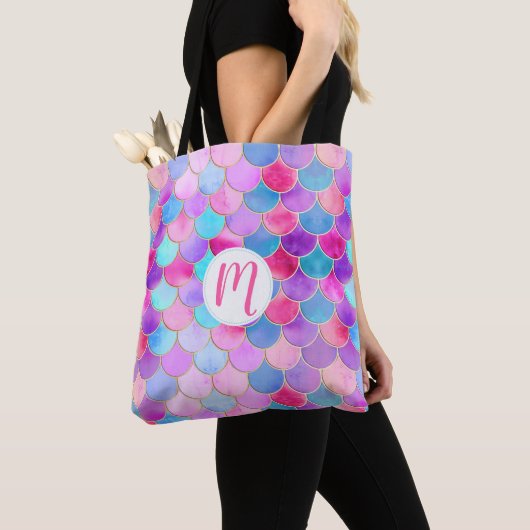 Roze, Paarse en Aqua Mermaid Scale Patroon Tote Bag (Dichtbij)