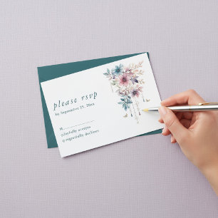 roze paarse en blauwe bloemen en vlinders RSVP kaartje