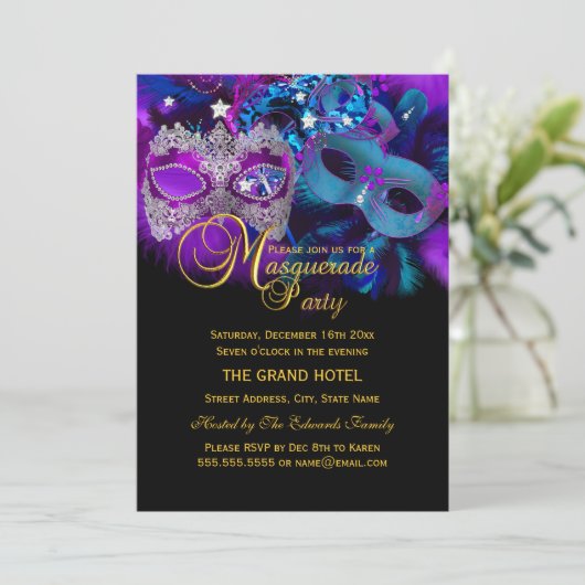 Roze Paarse en blauwe maskers Masquerade Party uit Kaart (Staand voorkant)