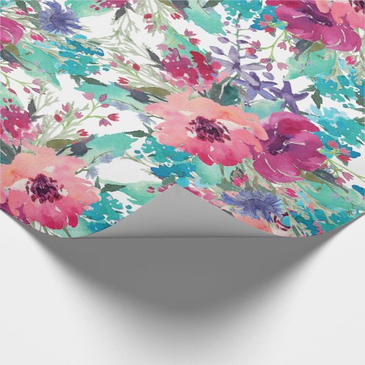 Roze Paarse en Blauwe Waterverf Bloemenpatroon Cadeaupapier (Hoek)