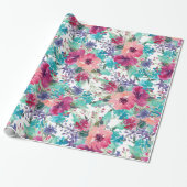 Roze Paarse en Blauwe Waterverf Bloemenpatroon Cadeaupapier (Uitgerold)