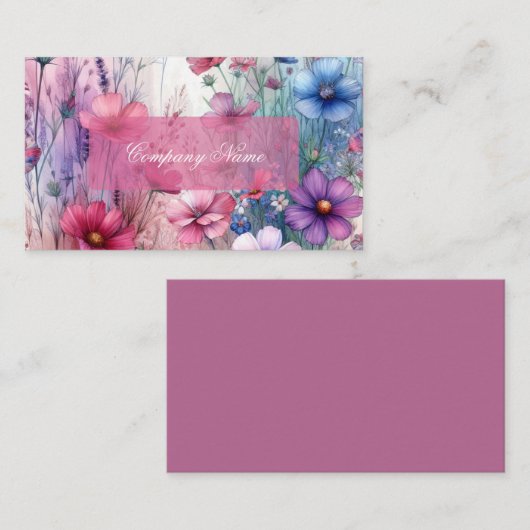 Roze, Paarse en blauwe Wildflower Waterverf Visitekaartje (Voorkant / Achterkant)