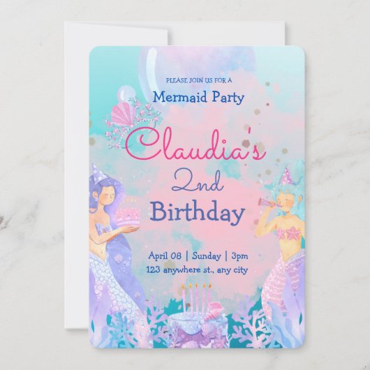 Roze Paarse en Blauwe Zeemeermin met als geboorted Kaart (Voorkant)