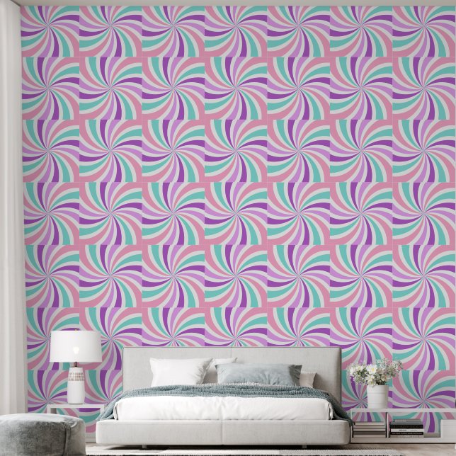 Roze, Paarse en Blauwgroen Retro Swirls Patroon Behang (Slaapkamer)